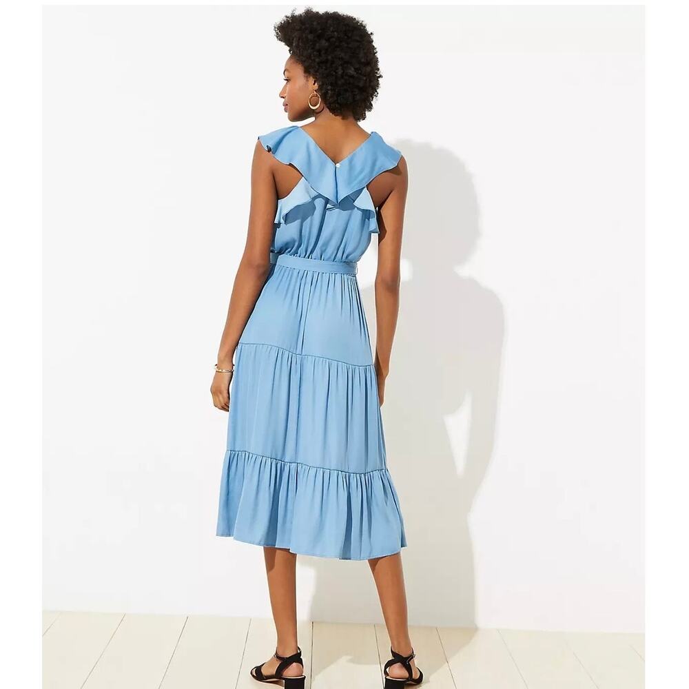 NWT Loft Women's Ruffle Tiered Midi Dress Flutter Sleeve Cornflower‎ Blue Small - Picture 3 of 13